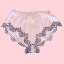 Load image into Gallery viewer, Juliette Mini Bed Shorts in Sunset Pink & Grey Leavers Lace