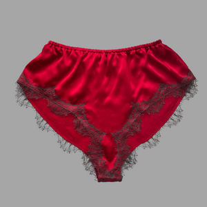 Juliette Mini Bed Shorts in Strawberry Sky Red & Grey Lace